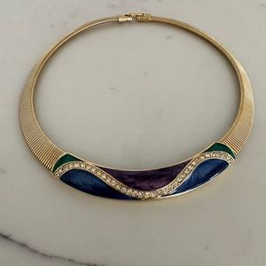 Vintage Trifari collar necklace. Dark green, blue, and purple enamel.